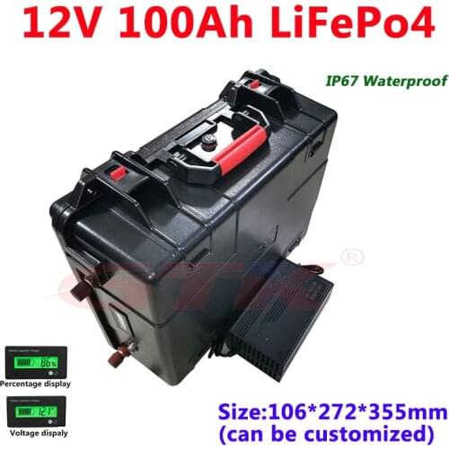 Waterproof 12V 100Ah LiFepo4 lithium battery pack with voltage display for 1000W-3000w fishing boat car refrigerator+10A Charger