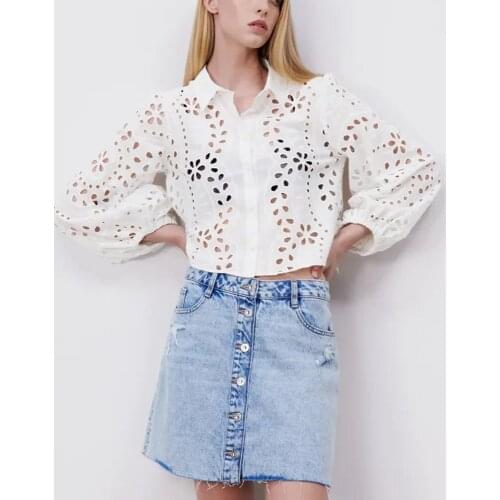 Xikom 2021 Summer Women White Cotton Hollow Out Single Breasted Shirt Female Long sleeve Vintage Streetwear Short Top