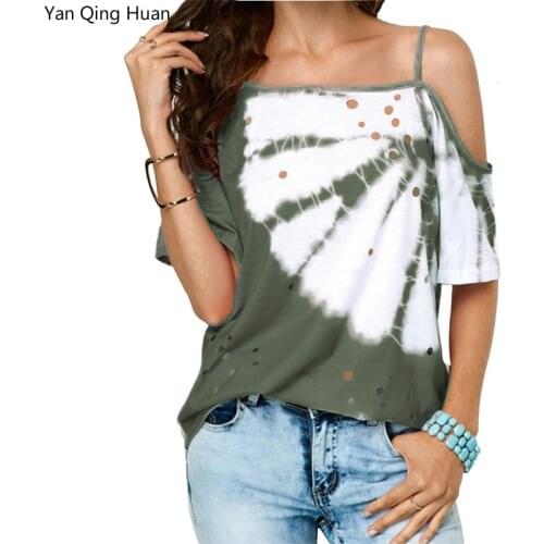 Yan Qing Huan Hot Summer New Street Printing Trend Womens T-shirt Off-the-shoulder Strap Oblique Collar Loose Casual T-shirt