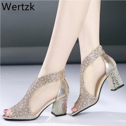 Fashion 2019 Women Sandals Bling 7cm High Heels Diamond Summer Square Heel Women Shoes Wedding Shoes Leather Sandalia F025