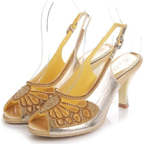2019 Summer New Wild Sandals Gold Bee Pattern Rhinestone Bohemian High-heeled Fish Mouth Roman Womens Shoes 7.5CM