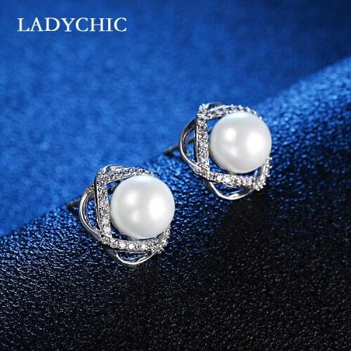 LADYCHIC Exquisite Five Color Pearl Stud Earrings Silver Color Micro Paved Zircon Twisted Fashion Jewelry Accessories LE1346