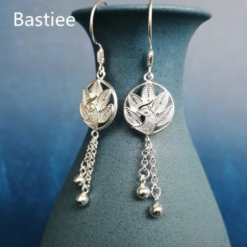 Bastiee 999 Sterling Silver Peacock Drop Earrings For Women Handmade Earing oorbellen Luxury Jewelry Hmong Miao Silver 2020