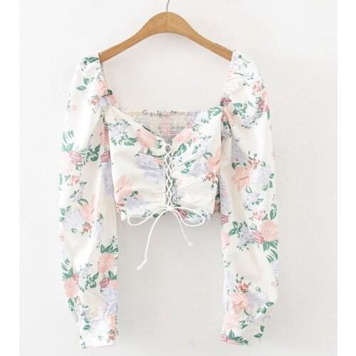 Women Retro Square Collar Stretch Slim Long Bubble Sleeve Short Crop Tops Lady Sweet Printed Blouse Shirts White