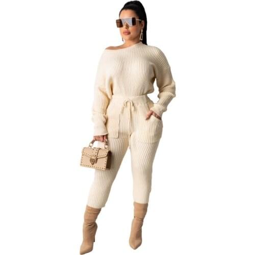 Office Lady Two Piece Set Sexy Off Shoulder Tops And Pocket Pants 2 Piece Outft Autumn Winter New Sweater Ribbed Pull Femme Suit