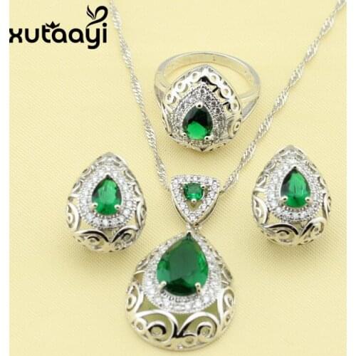 Fancy Silver Women Fashion Health Jewelry Sets ,Hollow Water Drop Green Stones Earrings Rings Necklace Pendant