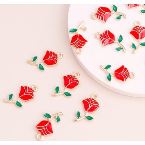 10pcs 25x12mm Enamel Leaf Rose Flowers Charms Pendants for DIY Making Necklaces Fashion Earrings Handmade Jewelry Accessories