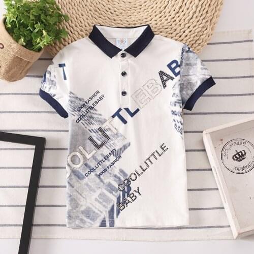 Kids Shirt Fashion Letter Printing Boys Tops Turn-Down Collar Hot Drilling Baby Boy Short Sleeve T-Shirts Clothes for Big Kids