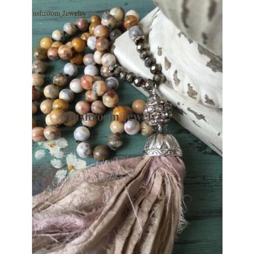 Long Hand Knotted Crazy Lace Agate Stone Sari Silk Tassel Pendant Necklace for girls