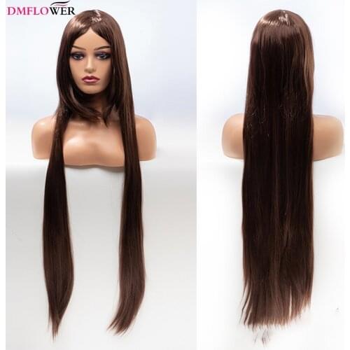 DMFLOWER-Womens long straight hair wig synthetic natural brown hair middle heat-resistant fiber cosplay 100cm length