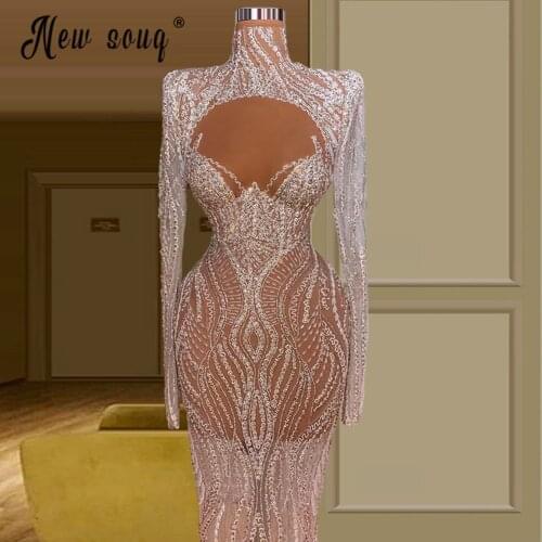 Dubai High Neck Long Sleeve Sequins Mermaid Prom Dresses Luxury Lace Women Party Dress Evening Dress вечернее платье Vestidos