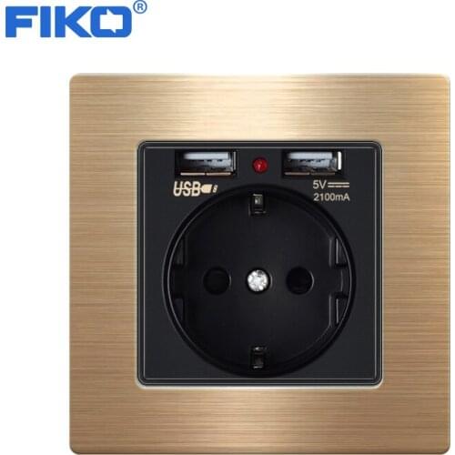 FIKO wall-mounted stainless steel panel electronic socket EU standard power socket with dual home USB plug charger