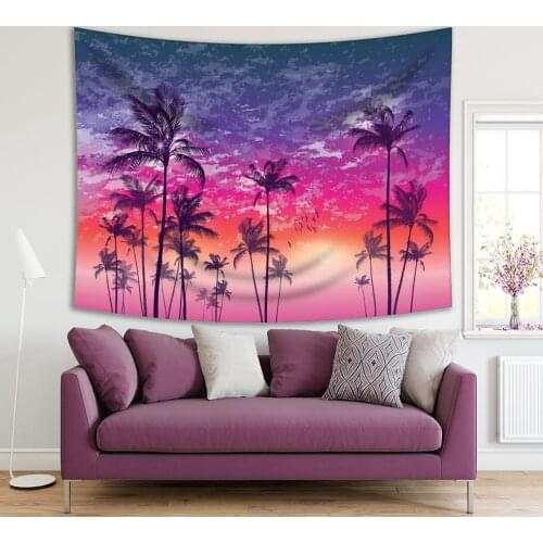 Tapestry Exotic Tropical Palm Trees Flying Seagulls horse Sunset Cloudy with Colorful Sky Navy Blue Purple Pink Orange View Print