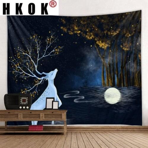 HKOK Cartoon Moon Forest Deer Landscape Tapestry Hanging Covering Rugs Background Cloth Beach Mat Blanket Art Home Decor