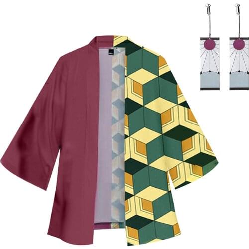 Anime Demon Slayer Kimono Cardigan Robe Tomioka Giyuu Cospaly Costume Cotton Print Casual Coat with Earrings
