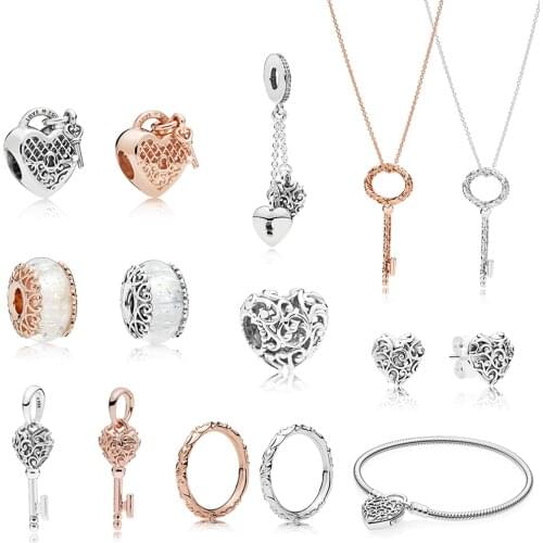 Standard S925 Sterling Silver Classic Rose Gold Luxury Charm Heart Key Beaded Earrings Necklace Pendant Bracelet Ring