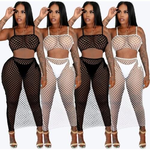3pcs/set Sexy Fishnet Long Skirts Sets Spaghetti Strap Mesh Crop Top + Bandage Long Skirt + Briefs Summer Club Party Beach Wear