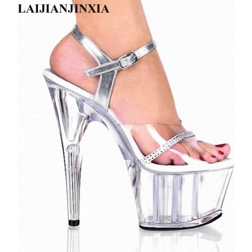 LAIJIANJINXIA 15cm Super High Heels Women Gladiator Sandals Woman Party Platform Crystal Shoes Sandalias Mujer Plus Size 35-46