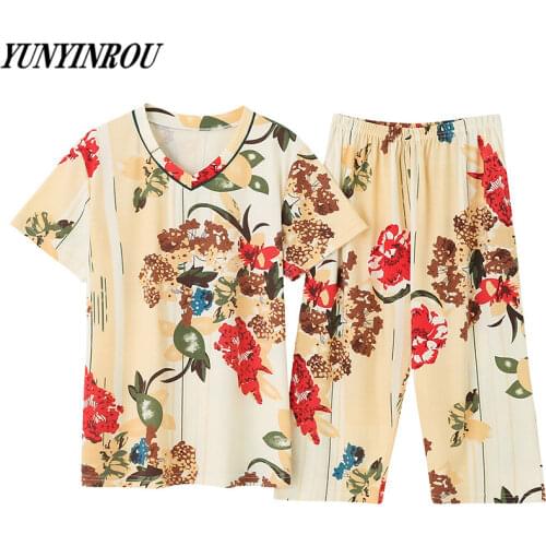 Summer New Knitted Cotton Womens Pajama Sets Elegant Nightwear Women Pyjamas Plus Size Calf-Length Pants Sleepwear 4XL Homewear