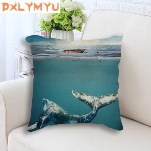 Linen Cushion Cover Blue Whale Printed Pillow Cover for Chair Sofa Home Decorative Pillows 45x45cm