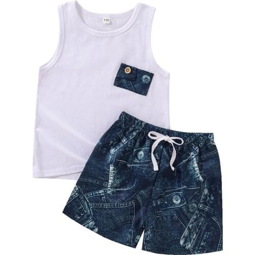 New Baby Tank + Shorts, Pocket Button Decoration, Drawstring Elastic Waist Retro Distressed Pattern Summer Clothing