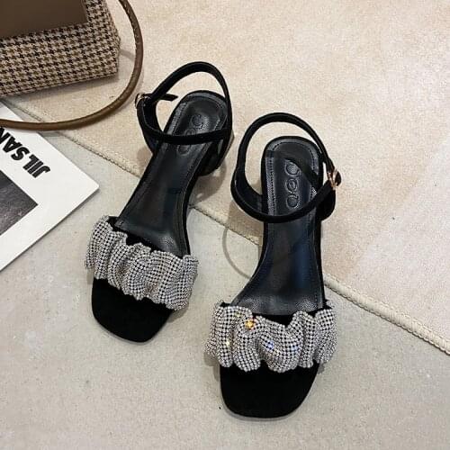 Sexy Little Toe Low Heel Womens Shoes Fashion Pleated Sequin Cloth Ankle Buckle Strap Ladies Party Women Sandals Women Shoes