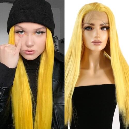 ORIANE Yellow Long Straight Lace Front Wigs For Women Daily Lolita Cosplay Wigs Natural Hairline High Temperature Fiber Wigs