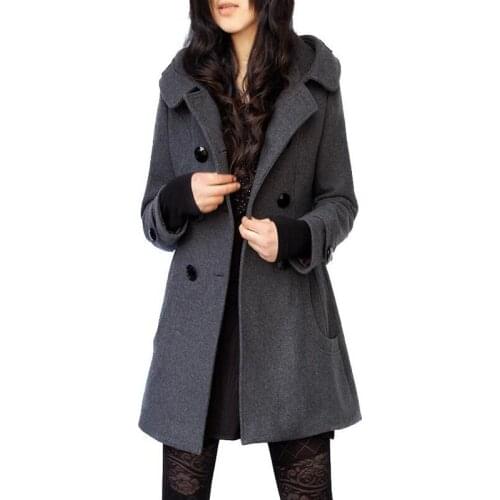 Blended Woolen Coat Women Autumn Winter Basic Section Trench Coat Long Hooded Double-breasted Wool Coat Solid Color Outerwear