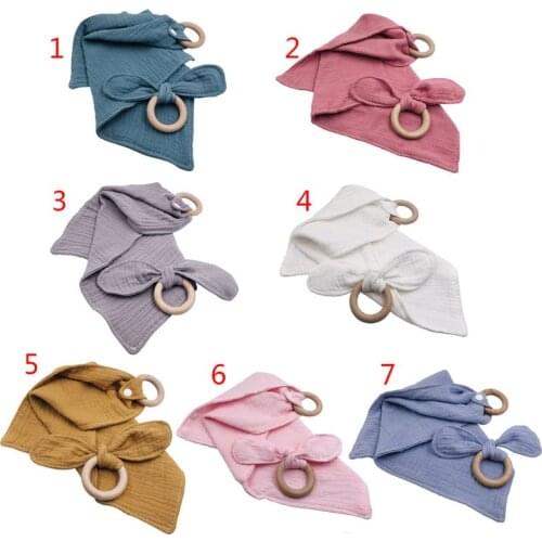 1Set Baby Cotton Bibs Beech Wooden Ring Pacifier Rabbit Ear Teether Saliva Towel P31B