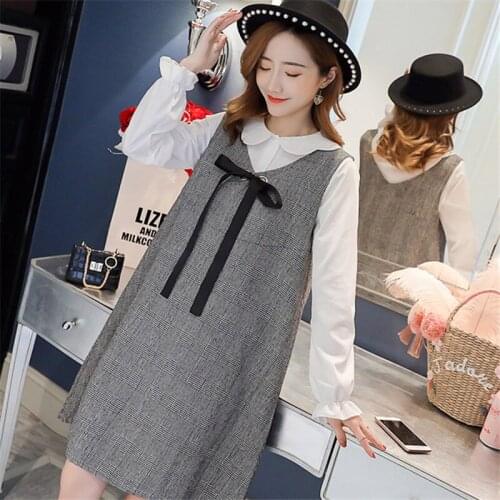 2Pcs Maternity wear Dress Spring Autumn Dress For Pregnant Women Doll collar shirt Tops Long skirt pregnant women Dress Cloth