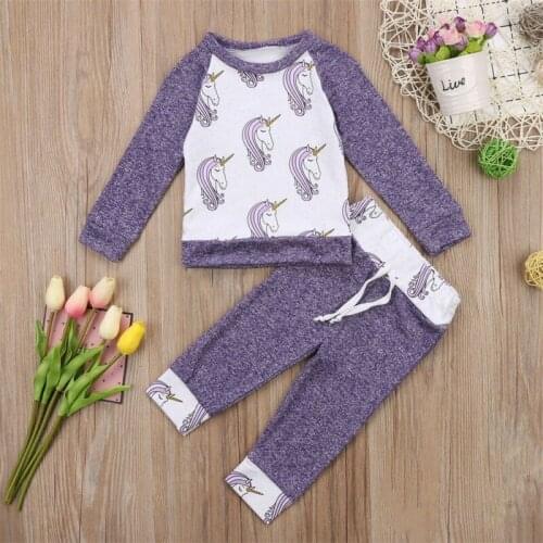 Newborn Baby Girl Long Sleeve Cartoon T-shirt Tops +Drawstring Pants Clothes Purple Outfit 0-24M