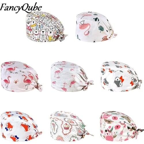 Breathable Cartoon Anime Print Unisex Frosted Cap Laboratory Pet Shop Work Nursing Cap Doctor And Nurse Cotton Surgical Cap