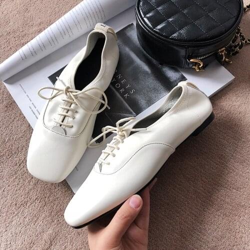 EshtonShero Womens Flats Shoes Woman Leather Flat Heels Round Toe Fashion Lace Up Autumn Ladies Wedding Boat Shoes Size 3-9