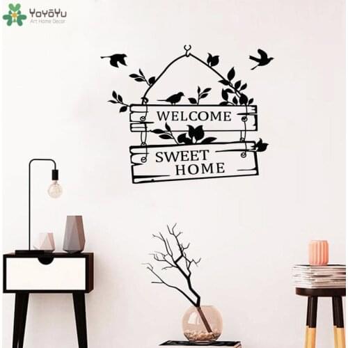 Art Wall Decal Welcome Sweet Home Quotes Wall Sticker Living Room Door Sign Birds Flower Decals Vinyl Art Wallpaper QQ418