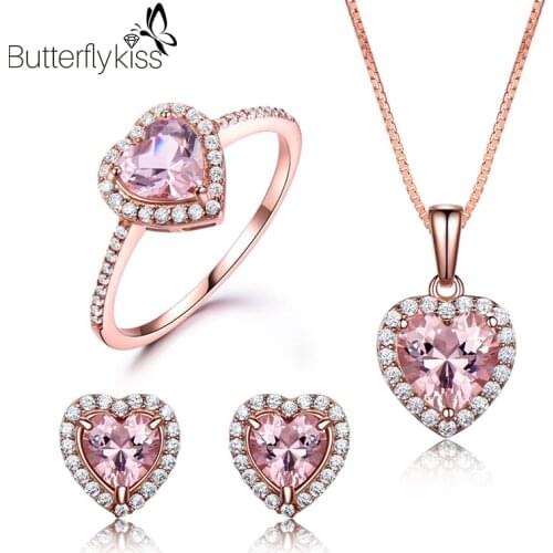 BK Original Design Earrings Ring Pendant Three Piece Jewelry Set Real 925 Sterling Silver Luxury New Trendy Pink Gem Female Gift