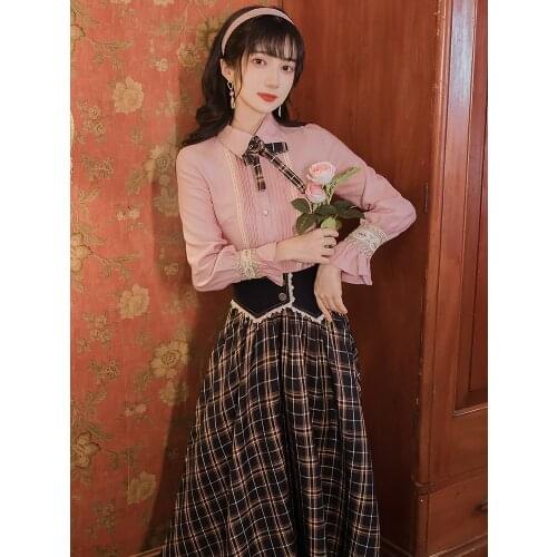 2021 modern French style suit versatile shirt high waist plaid skirt two-piece set big swing skirt graceful professional wear