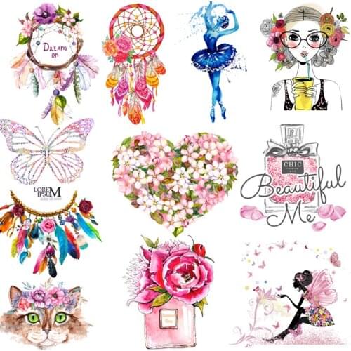 Beautiful Flower Heat Transfer For Clothing Iron On Love-shape Transfers For Clothes Appliques Thermo Stickers For DIY T-shirt