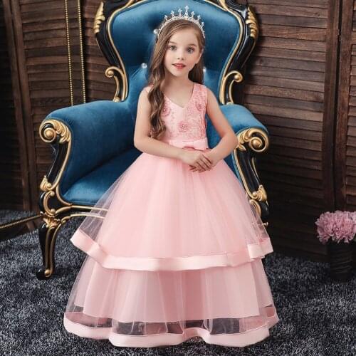 Girls V-neck Lace Clothes Kids Princess Dinner Party Gown Flower Girls Long Maxi Dress