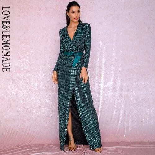 LOVE&LEMONADE Sexy Deep V-Neck Gold Cross Fit Long Sleeve Composite Sequins Long Dress LM81929