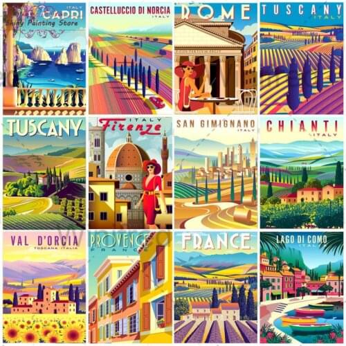 5D DIY Cartoon Landscape Diamond Painting Vintage Travel Cities Italy Rome Tuscany Diamond Mosaic Embroidery Cross Stitch Kit