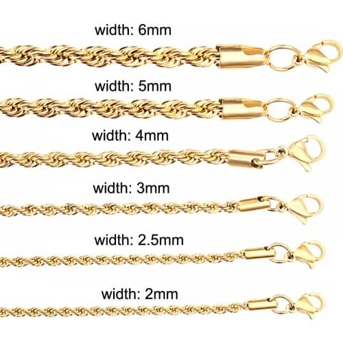 New Gold Stainless Steel Classic Rope Chain Necklace 2mm/2.5mm/3mm/4mm/5mm/6mm Fashion Jewelry Ladies Gift