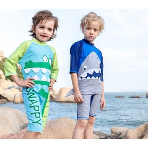 Summer New Boy Swimwear One Pieces Swimsuit With Cap Short Sleeve Bodysuit Kids Bathing Suit Children Swimsuit Boys 2-11 Years
