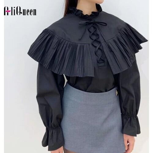 Spring Korean Women Clothing Pleated Ruffle Cotton Blouses Female Stand-up Collar Bandage Flared Sleeves Loose Vintage Shirt Top