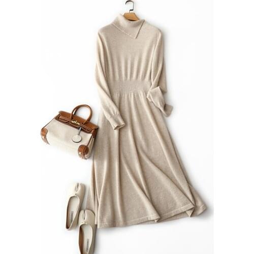 Autumn and winter 2020 new cashmere dress womens long knee pure cashmere knitted skirt sweater A-line skirt