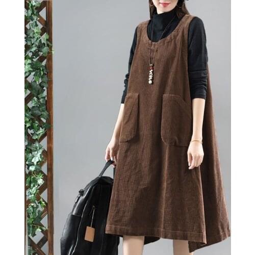 Autumn Winter Corduroy Sleeveless Sundress Casual Midi Dress Shirt Dresses Ladies Loose Vintage Clothes Pocket 2021