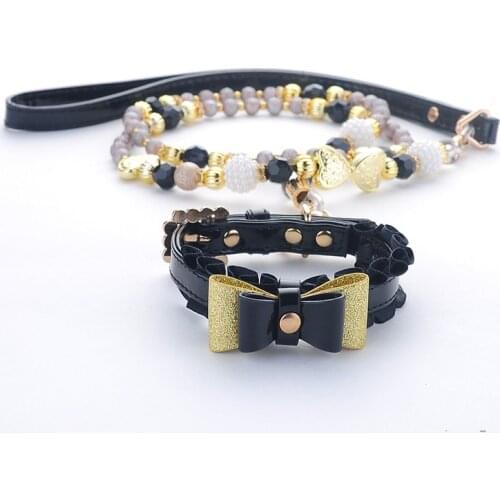 Pet Collars Leash Adjustable PU Leather Black Artificial Pearl Bling Studded Dog Cat Collar Leash for Dog Cat Necklace
