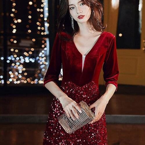 Special Occasion Dresses Vintage V-Neck Half Sequined Zipper Floor-Length A-Line Luxury Burgundy Elegant Women Prom Gown E911
