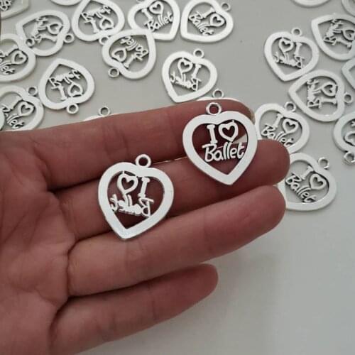 21x25mm Antique Silver Alloy I Love Ballet Letter Heart Charm Pendant Jewelry Findings Accessories