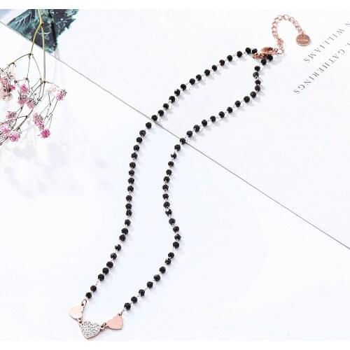 Simple Black Beads Chain Necklace For Women Full Crystal Heart Short Choker Necklace Womens Fashion Jewelry Collier 2020 New