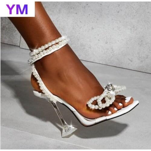 Clear PVC Transparent High Heel Sandals Summer Fashion Pearls Design Ankle Strap Square Toe Slides Mules Sandals Zapatos Mujer